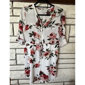 Urbanology Dress Womens Size S 3/4 Sleeve White Floral V- Neck Zipper Classy